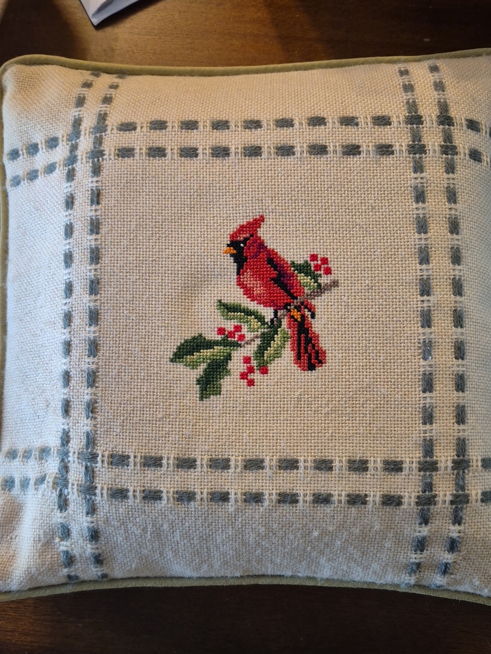 Vintage Cross Stitched Red Cardinal Throw Pillow Christmas Holly Berry Cream